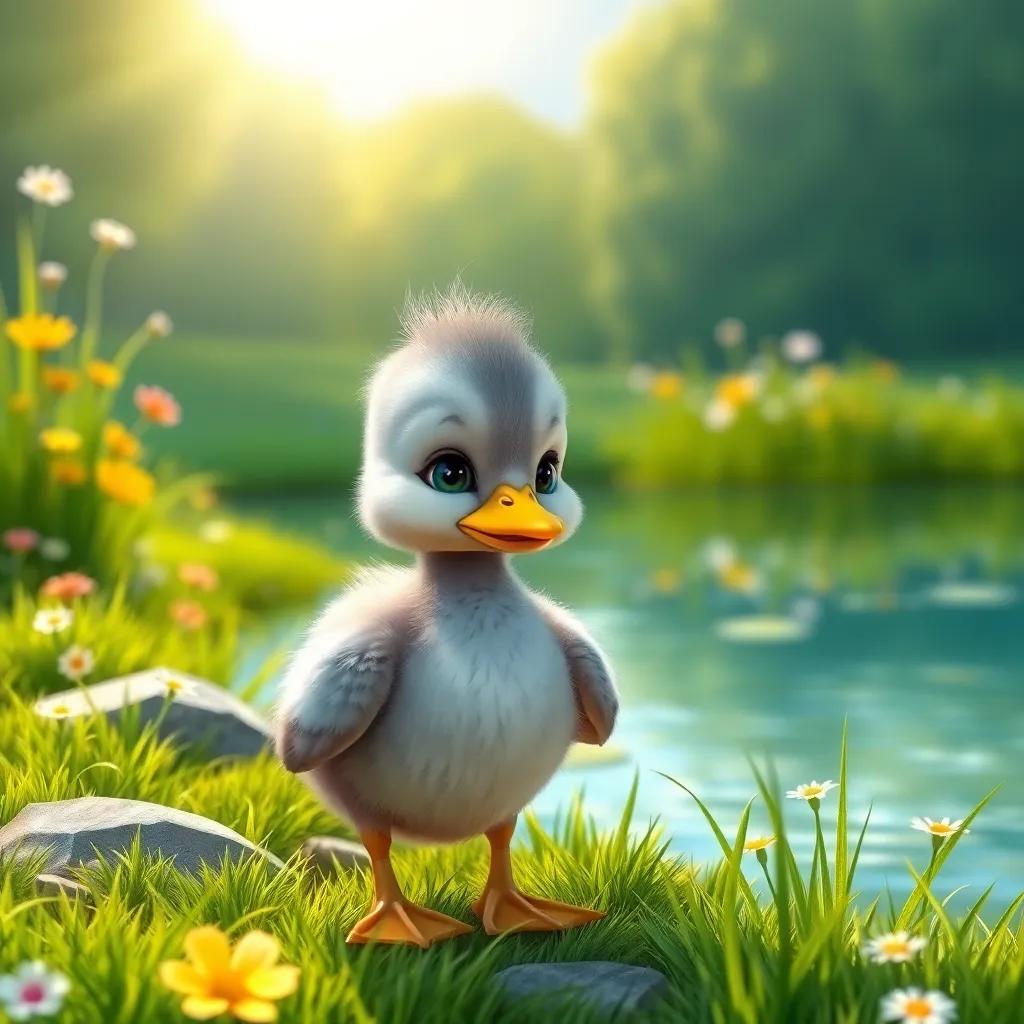 A little gray duckling with a sad expression, standing by a sunny pond, surrounded by green grass and flowers, digital art, bright colors, cheerful atmosphere, high quality