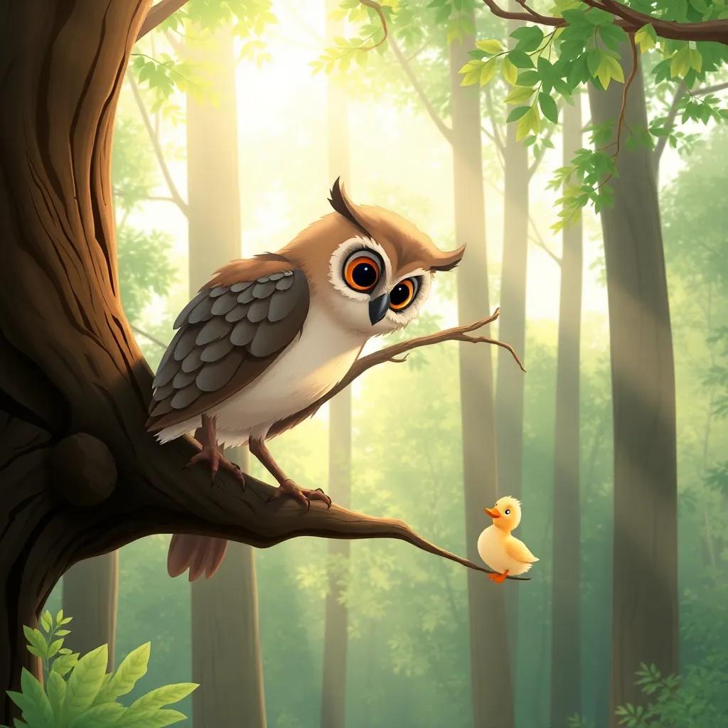 A wise old owl perched on a tree branch, looking down at the little duckling, the scene is set in a forest with tall trees, sunbeams shining through leaves, illustration, warm light, friendly vibe, high quality