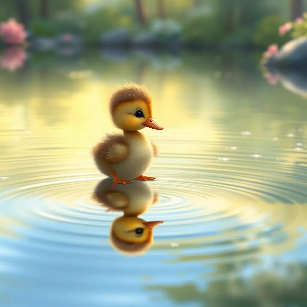 The little duckling gazing at its reflection in a shimmering lake, surrounded by beautiful nature and soft ripples, illustration, serene colors, peaceful atmosphere, high quality
