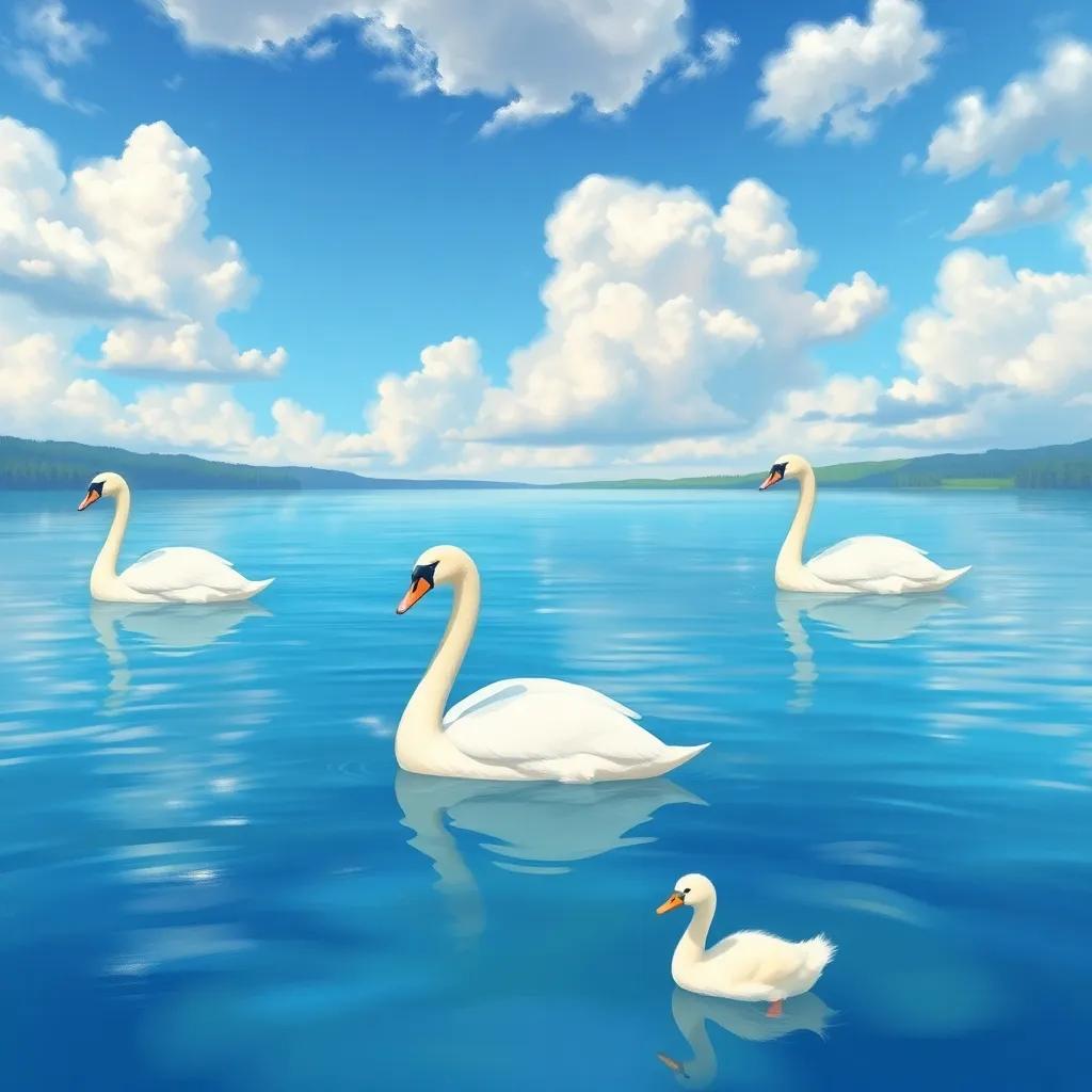 The stunning lake with big white swans gliding gracefully, the little duckling swimming closer, bright blue sky and fluffy clouds, painting, vibrant colors, dreamy setting, high quality