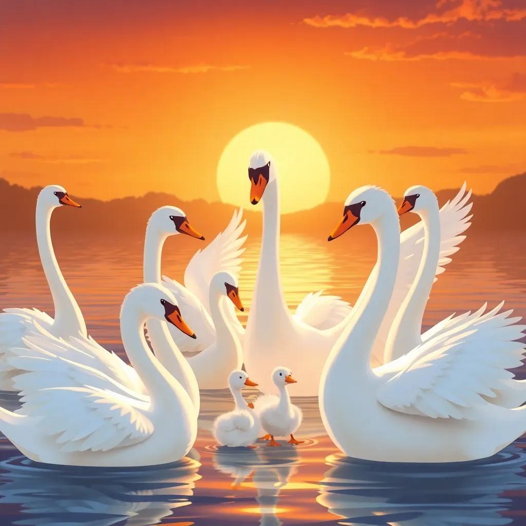 The group of elegant swans welcoming the little duckling, big white wings outstretched, a glowing sunset in the background, illustration, warm colors, heartfelt atmosphere, high quality