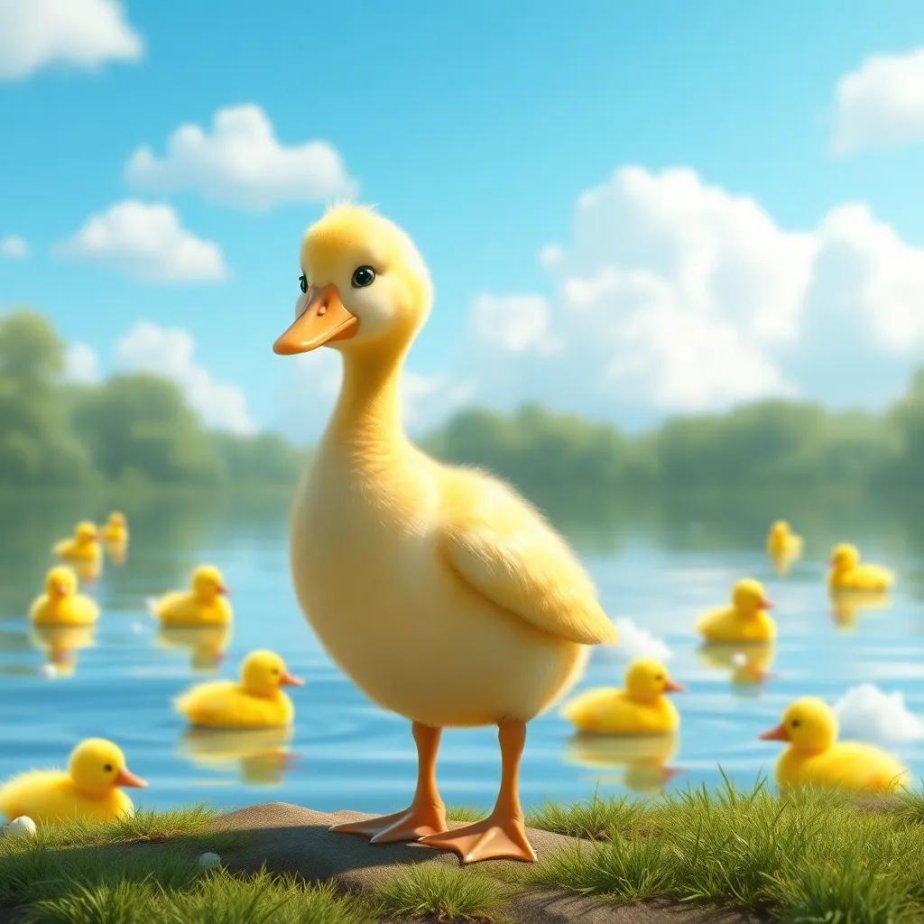 A sad duckling standing alone by a pond, looking different from the yellow ducklings who are swimming joyfully, with a bright blue sky and fluffy white clouds, digital art, soft colors, heartwarming scene, high quality