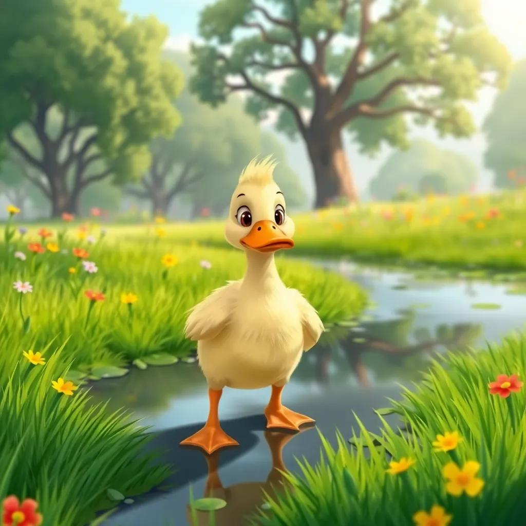 The Ugly Duckling looking determined as he walks away from the pond into a lush green meadow, with trees in the background and colorful flowers blooming, illustration, vibrant colors, adventurous atmosphere, child-friendly