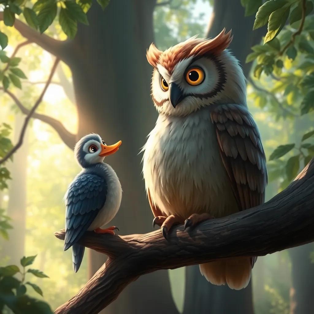 A wise old owl perched on a branch, giving advice to the Ugly Duckling, surrounded by a dreamy forest with soft light filtering through the leaves, digital painting, magical, enchanting scene, uplifting