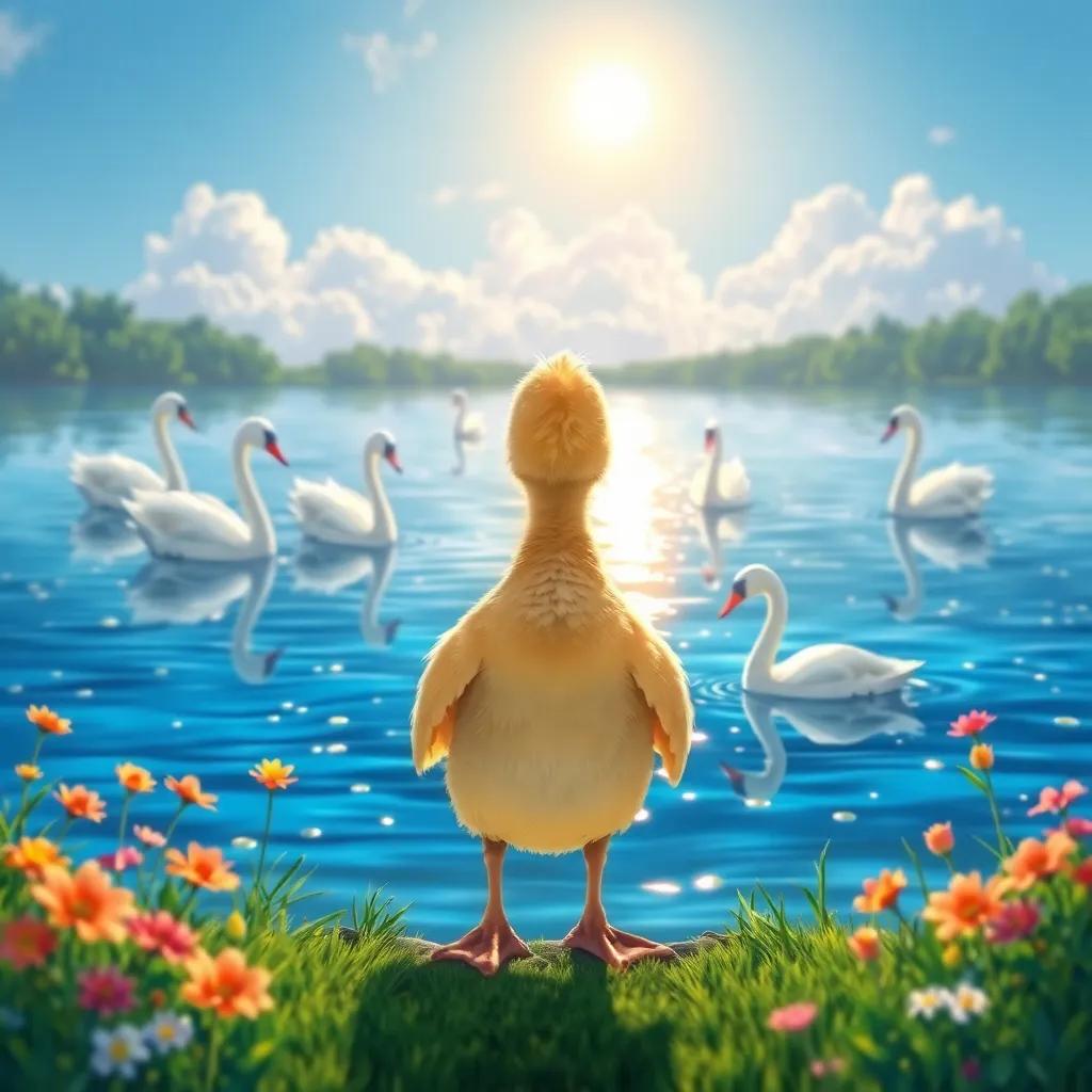 The Ugly Duckling standing at the edge of a beautiful lake, gazing at graceful swans swimming in the sparkling water, surrounded by nature with bright flowers and the sun shining, illustration, inspiring, colorful atmosphere, high quality