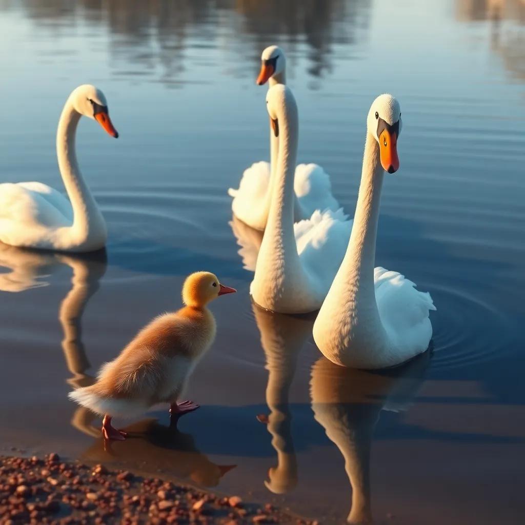The Ugly Duckling nervously approaching the swans at the lake, with the swans looking curious and welcoming, with reflections of the swans on the smooth water surface, digital art, warm colors, inviting scene, detailed