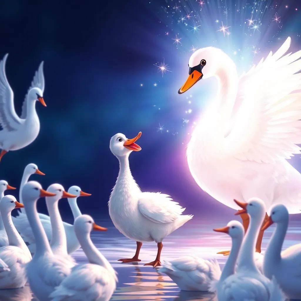 A magical scene showing the Ugly Duckling transforming into a beautiful swan, sparkling light around him as his feathers change from gray to white, with swans in awe around him, illustration, bright and colorful, heartwarming moment, high quality