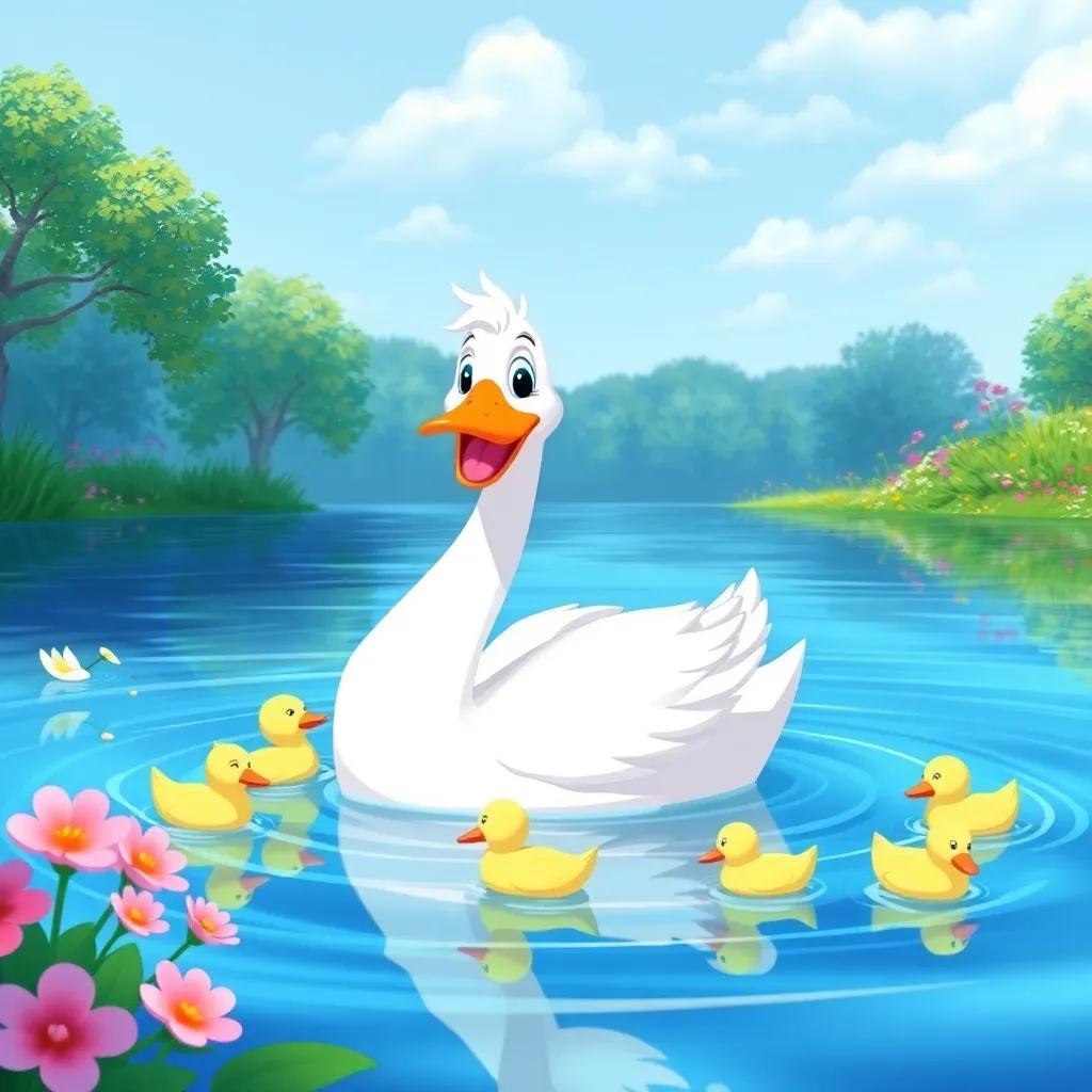 The Ugly Duckling, now a beautiful swan, happily swimming with his new friends in a vibrant lake, with flowers and trees lining the shore, illustration, joyful colors, cheerful atmosphere, child-friendly