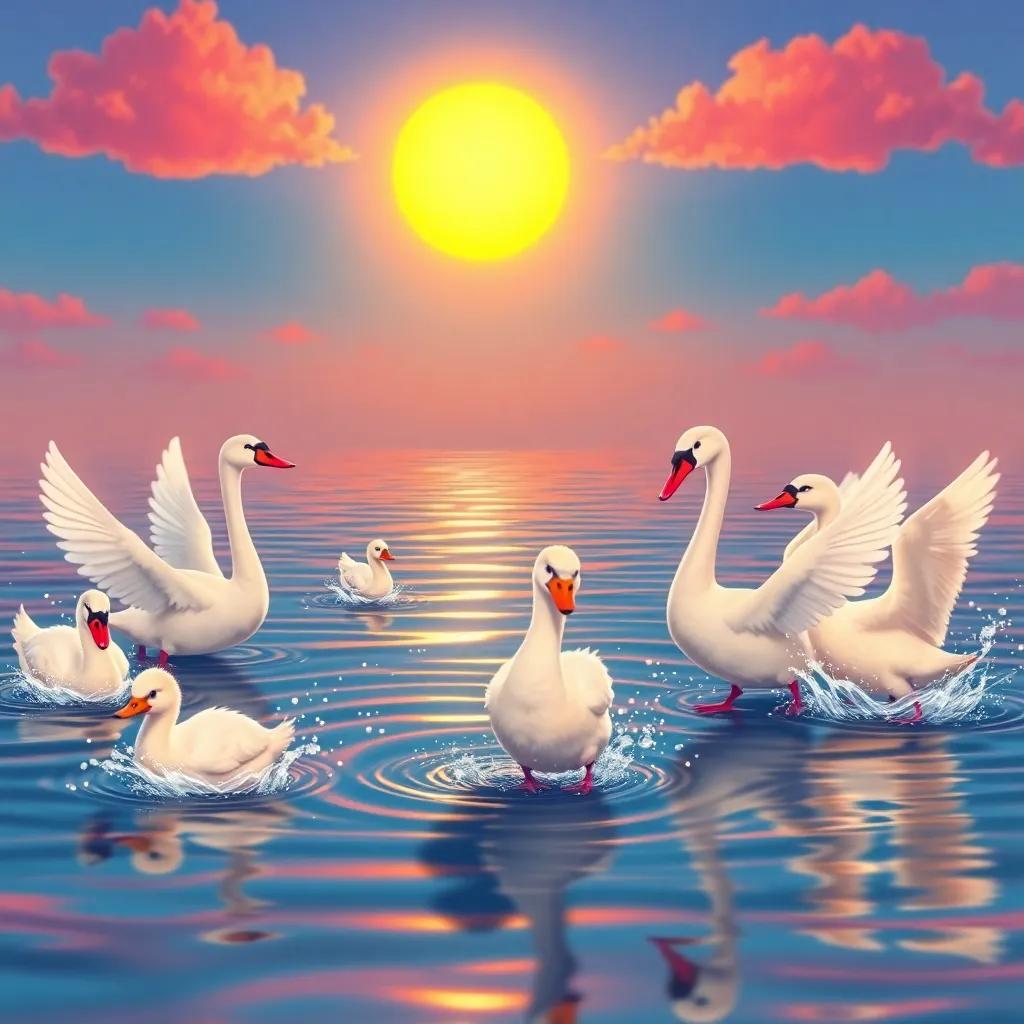 The Ugly Duckling and the swans dancing on the water, splashing and having fun under a setting sun, with a sky painted in pinks and oranges, digital art, happy scene, vibrant colors, magical