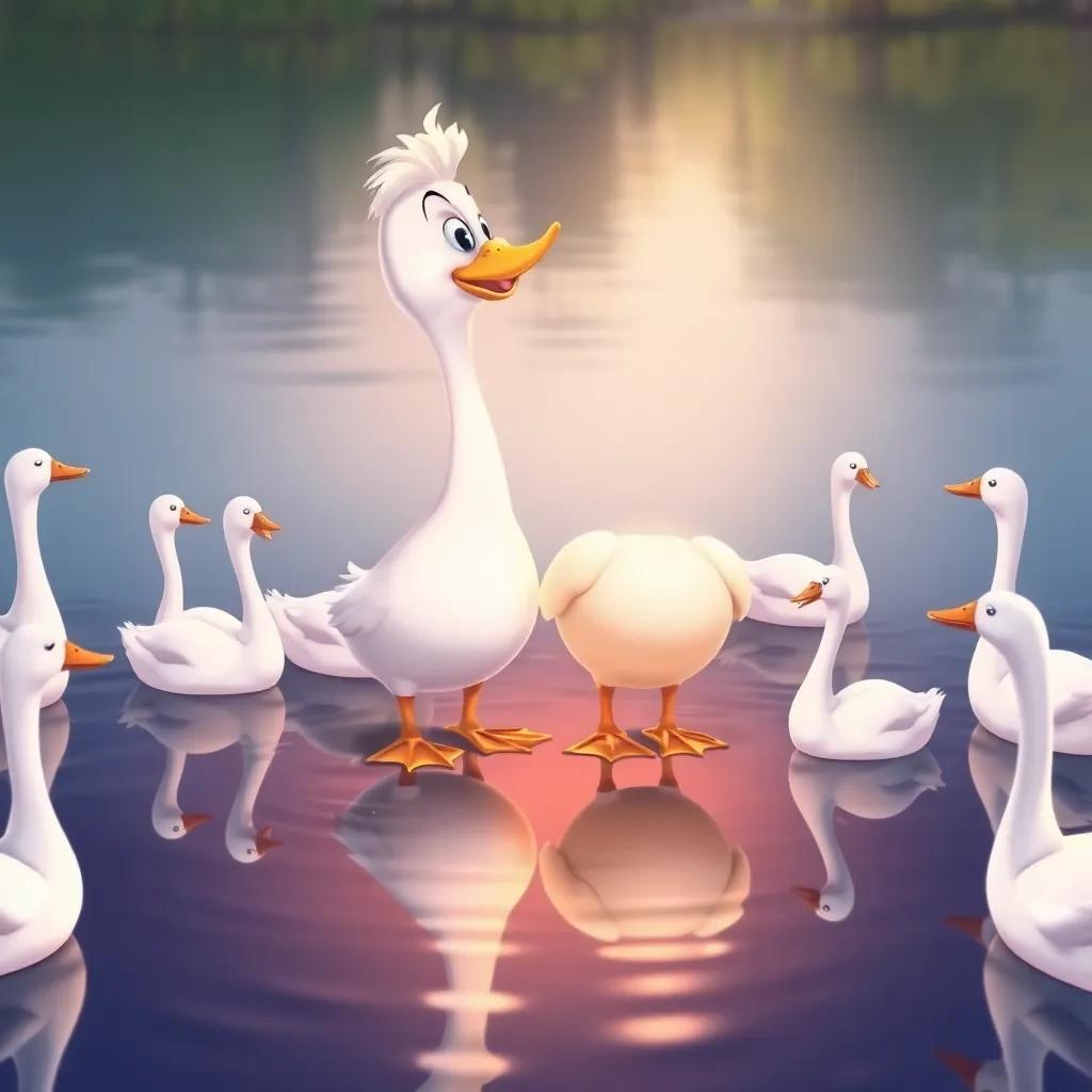 The Ugly Duckling, now proud of his new self, looking at his reflection in the lake with confidence, surrounded by swans cheering him on, illustration, bright colors, heartwarming moment, high quality