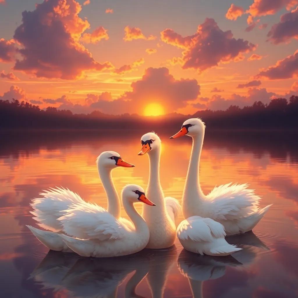 A picturesque scene showing the Ugly Duckling and his swan friends together at sunset, creating a peaceful and beautiful atmosphere, with soft clouds and warm light, digital painting, serene and lovely, uplifting