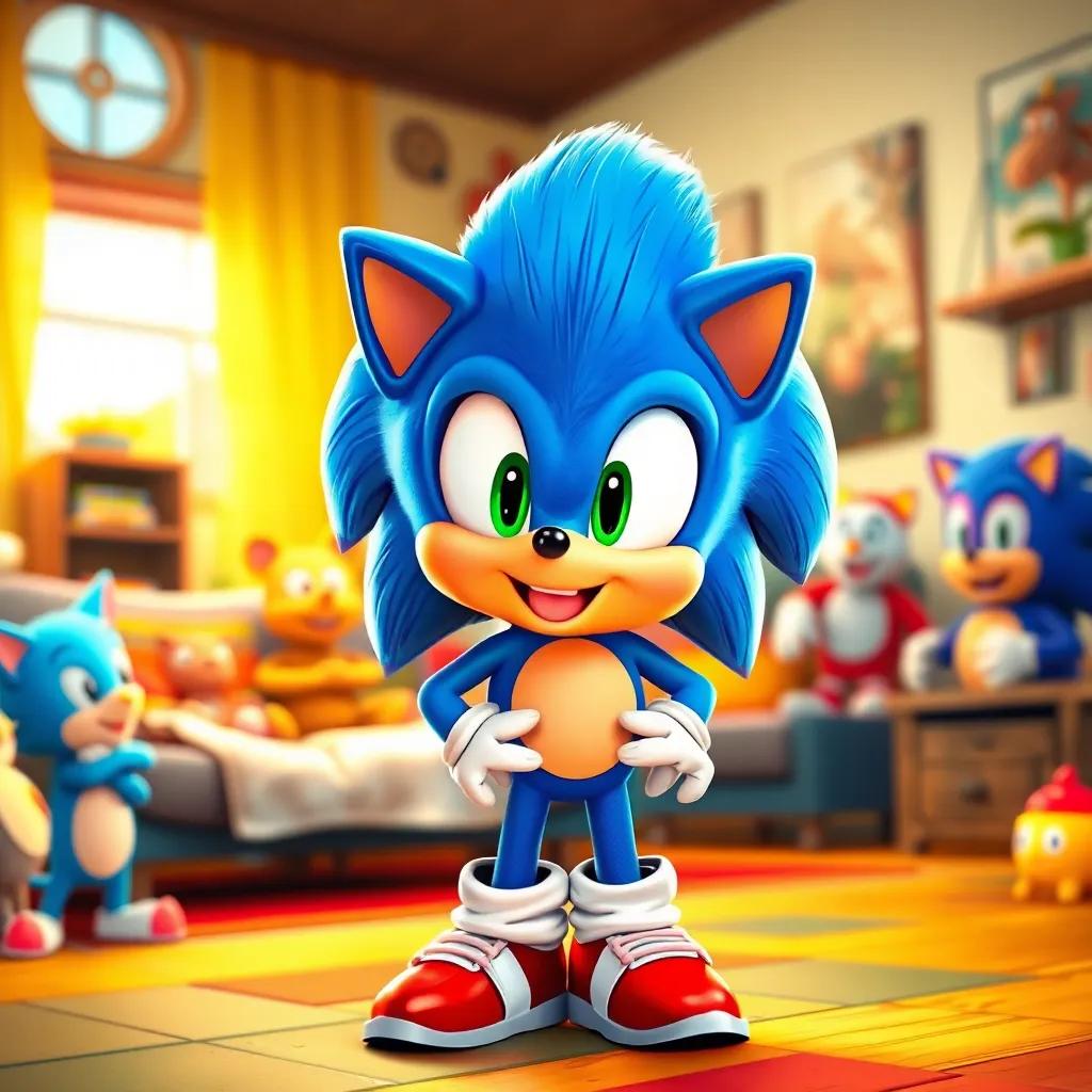Sonic, a young blue hedgehog, looking enthusiastic with spiky hair and red shoes, speaking in a lively living room full of cartoon characters, bright colors, children's book illustration, dynamic composition, fun atmosphere