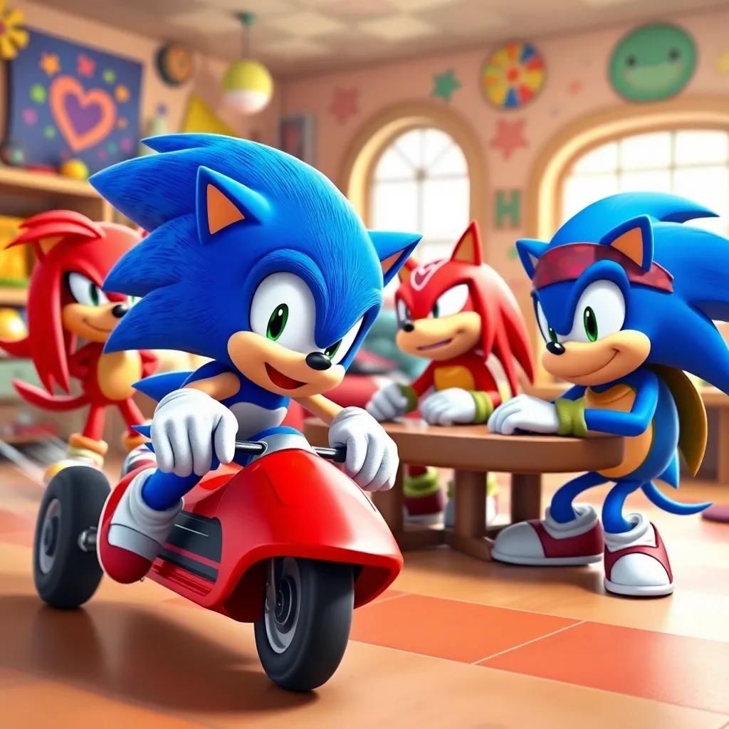 Sonic, a blue hedgehog with spiky hair, racing while Knuckles, a red echidna, and Raph, a turtle in a bandana, have an arm wrestling match in a fun-filled room full of vibrant characters, child-friendly, energetic, colorful cartoon art