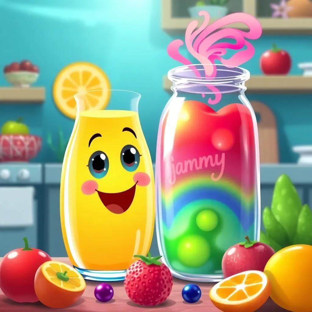 Jemma the juice jug, smiling brightly with swirling fruits nearby, a jelly jar named Jammy shining like a rainbow, in an underwater kitchen setting, cheerful and colorful, illustration, high quality