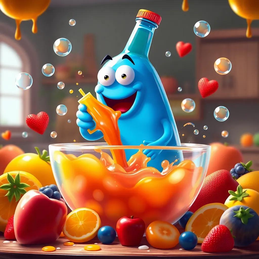 Benny the big blue bottle, mixing juice in a big bowl, surrounded by jelly and fruit, bubbles swirling around, a fun and playful atmosphere, digital painting, high quality
