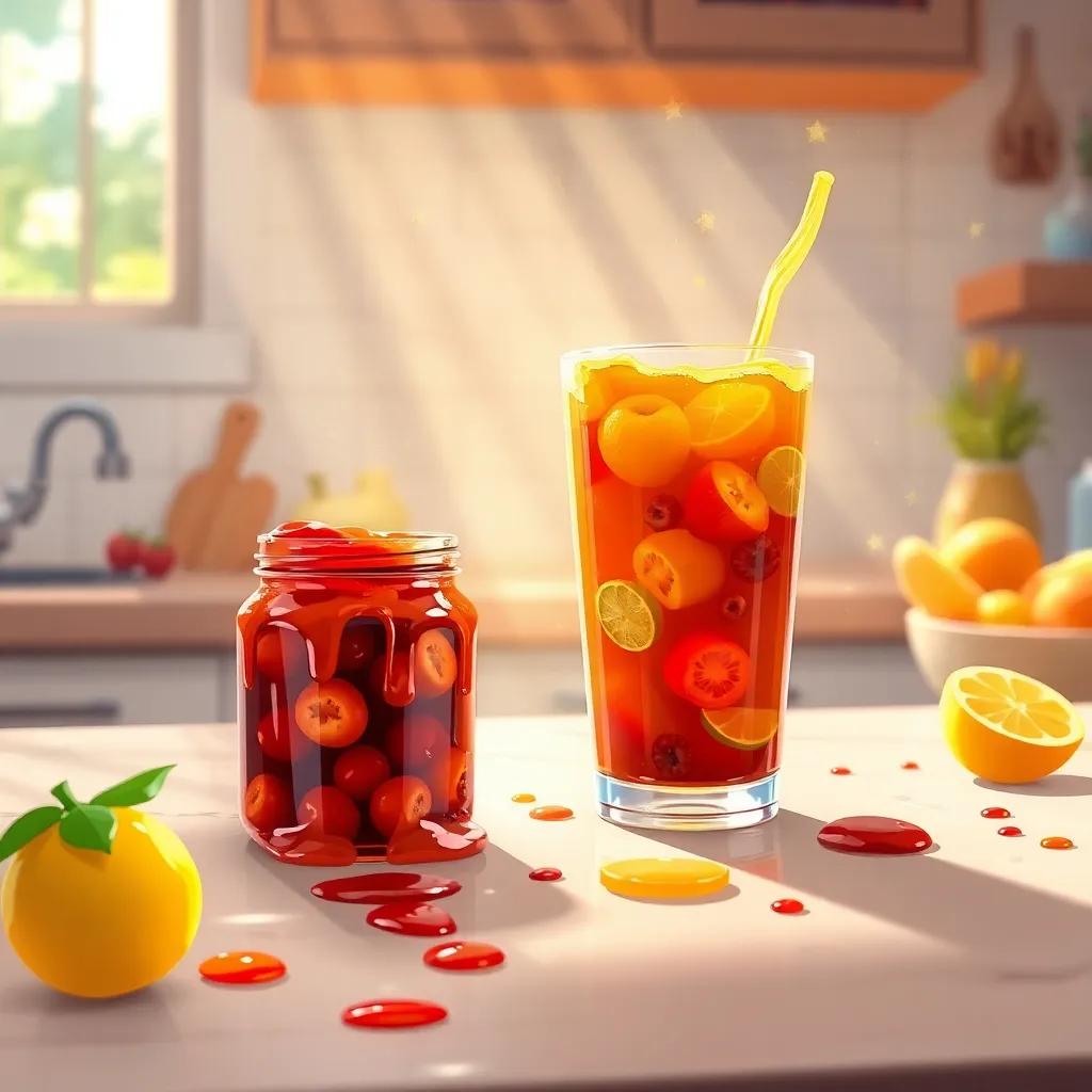 The kitchen counter filled with sticky fruit jam and a colorful juice mix, sunlight filtering through the water, creating sparkles around, warm colors, inviting and friendly, illustration, high quality