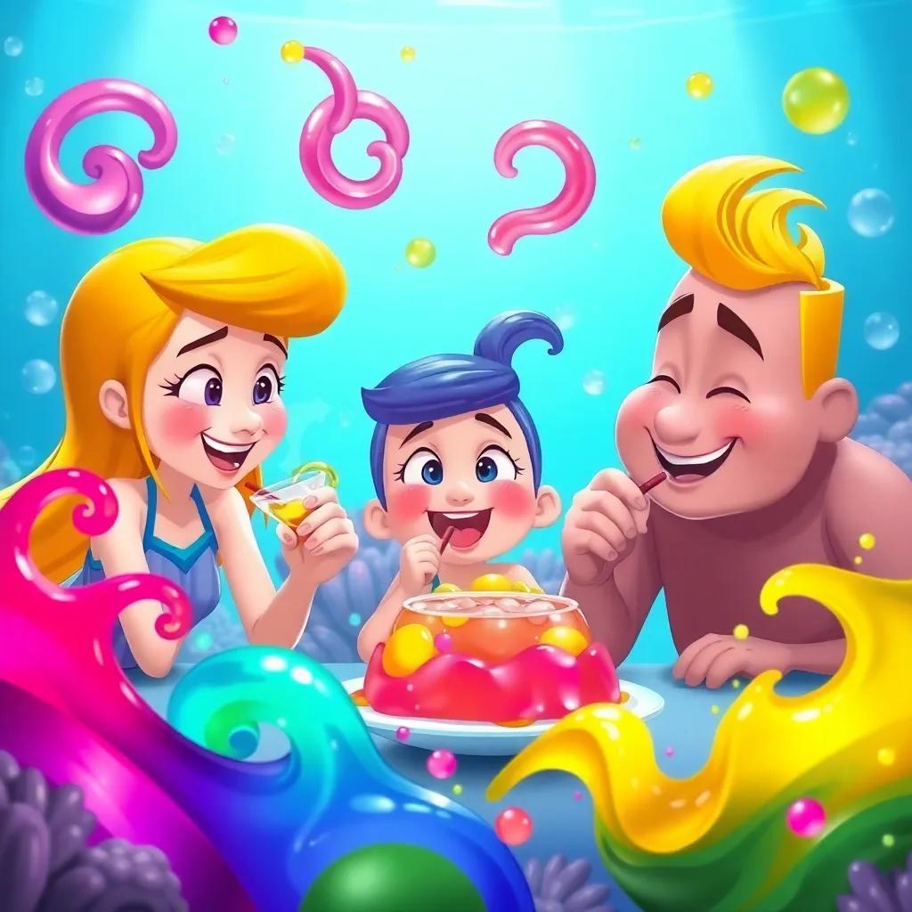 A scene of Jemma, Jammy, and Benny tasting their creation with big smiles, colorful swirls of juice and jelly around them, a festive underwater atmosphere, joyful vibe, digital art, high quality
