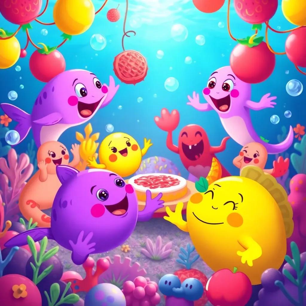 Sea creatures dancing and singing around the fruity party, lots of colors and happy faces, bubbles floating, an enchanting underwater scene, bright and cheerful, illustration, high quality
