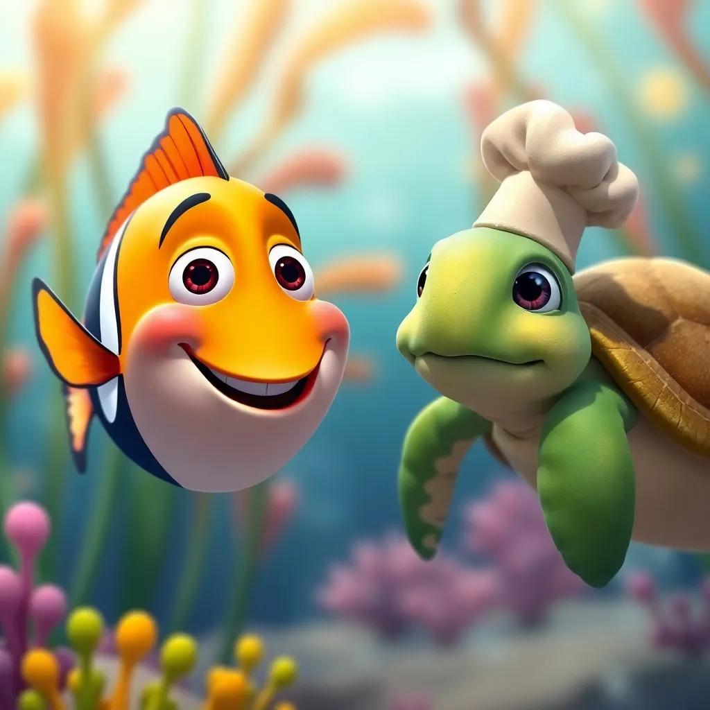 Finn the fish with a big smile, talking to Shelly the turtle, a gentle green turtle, wearing a tiny chef hat, near colorful seaweed, bright underwater colors, engaging, friendly atmosphere