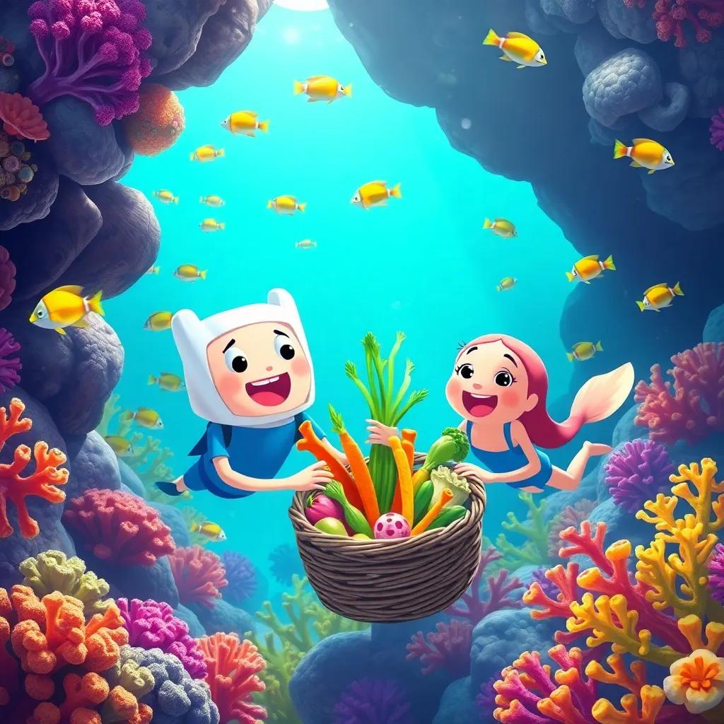 Finn and Shelly gathering colorful sea veggies and fresh seaweed, swimming together in a lively coral garden, with colorful fish in the water, joyful scene, bright and happy, digital painting, happy vibe