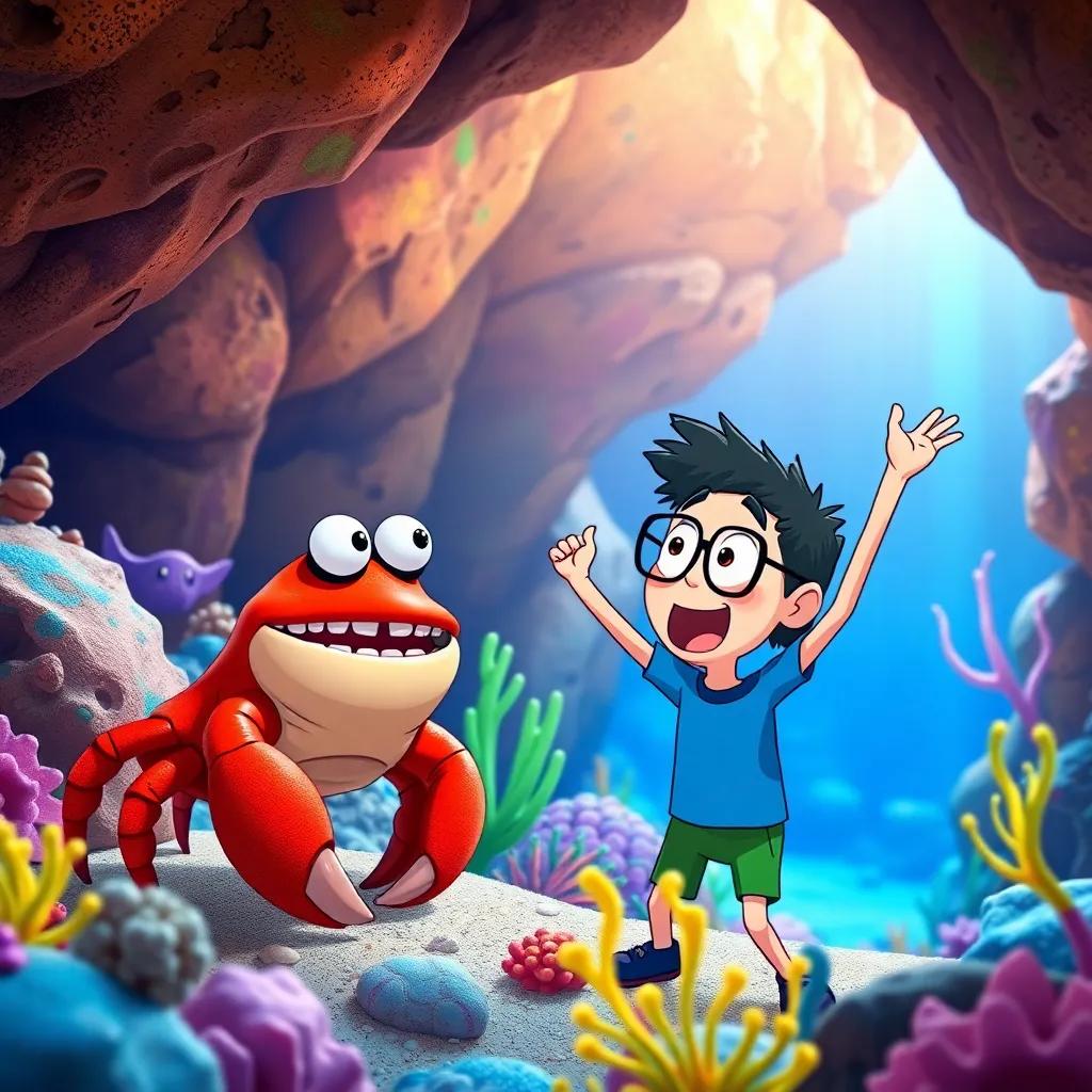 Finn excitedly talking to Crabby, a wise old crab with a big grin and tiny glasses, in Coral Canyon with colorful rocks and sea plants, magical underwater scenery, vibrant colors, fun