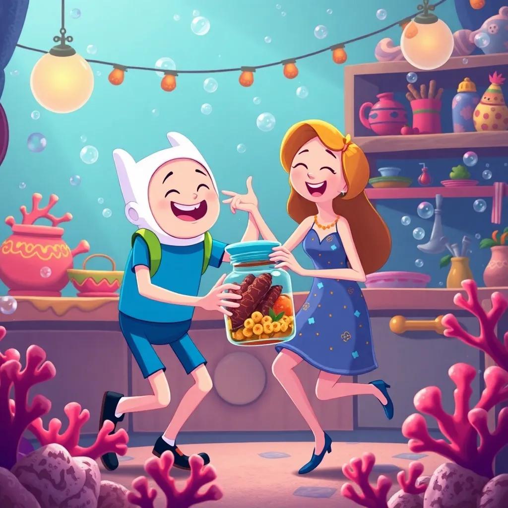 Finn and Shelly dancing and laughing with a jar of secret spices, colorful kitchen made of coral, bubbles all around, festive and joyful, illustration, happy