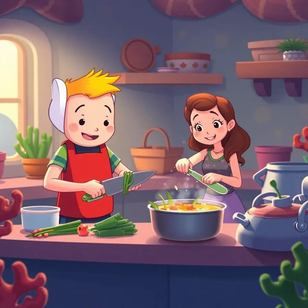 Finn chopping seaweed and veggies in a cute coral kitchen, Shelly stirring a pot bubbling with soup, soft light, friendly atmosphere, warm colors, charming and inviting