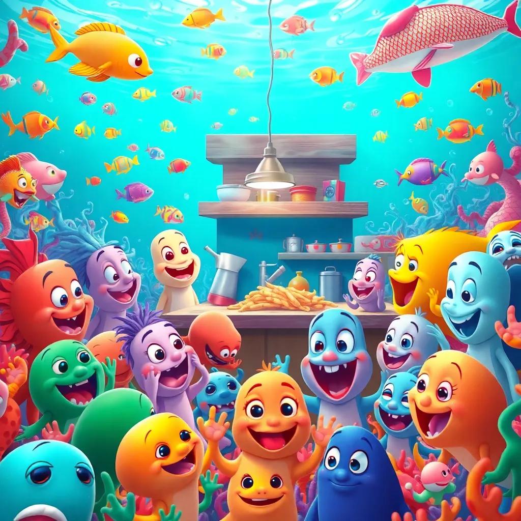 A crowd of happy sea creatures gathered around the underwater kitchen, excited expressions, colorful ocean life all around, joyful gathering scene, engaging, bright