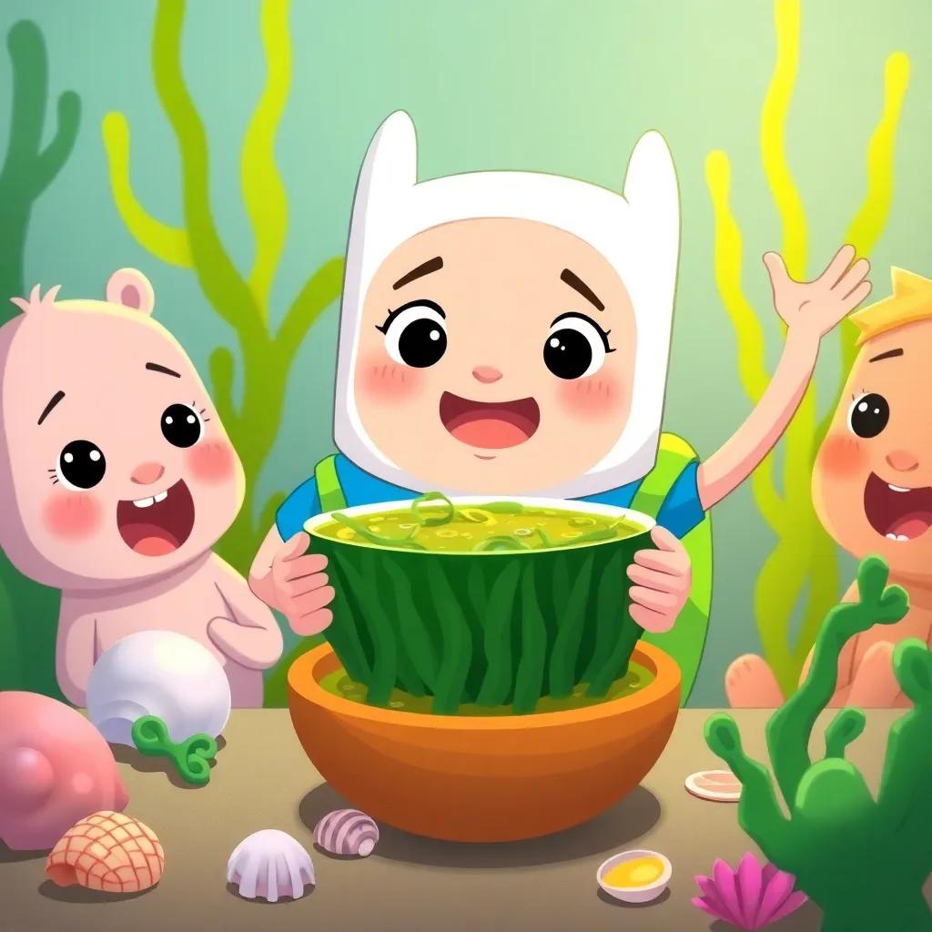 Finn proudly serving seaweed soup to his friends, their eyes wide with excitement, seashells and sea plants around, cozy and friendly, colorful illustration, cheerful
