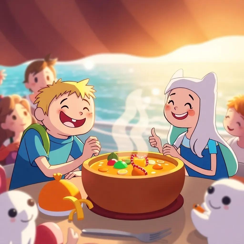 Finn and Shelly sharing the soup with all their friends, smiles everywhere, sunny ocean lighting, a sense of community and joy, vibrant colors, heartwarming