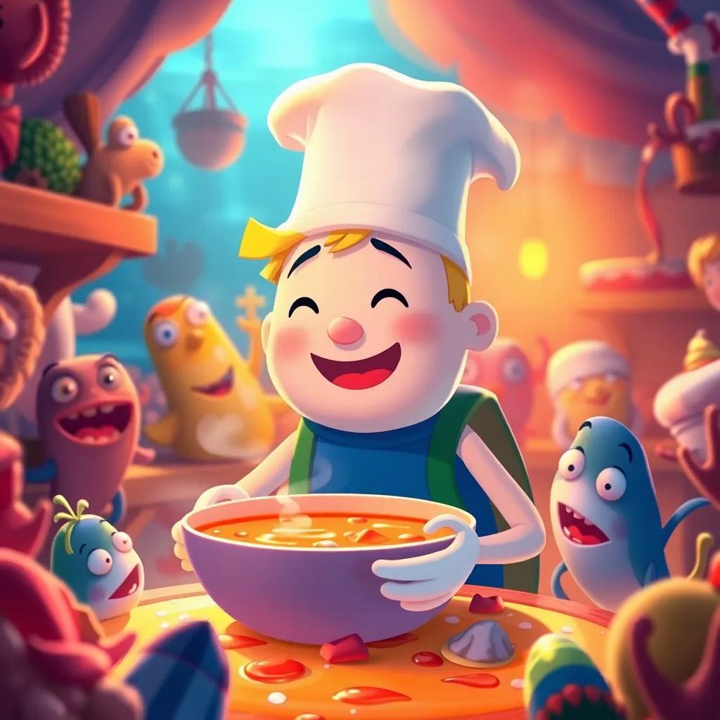 Finn with a chef's hat, surrounded by happy sea creatures enjoying the soup, vibrant underwater kitchen, warm light, joyful and festive atmosphere