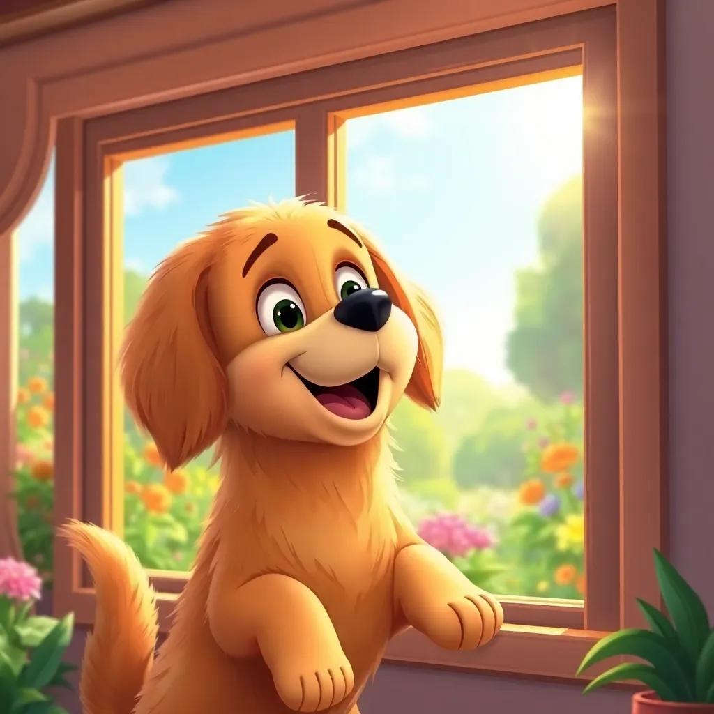 A cheerful dog, Barkley, a golden retriever with fluffy fur and expressive eyes, looking out of a big window with excitement, colorful garden outside, bright sunlight, illustration, warm colors, joyful atmosphere, detailed