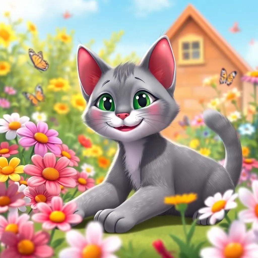 A playful cat, Whiskers, a sleek gray tabby with bright green eyes, playfully stretching and smiling in the sunny garden, surrounded by colorful flowers and butterflies, vibrant illustration, lively colors, fun atmosphere, child-friendly