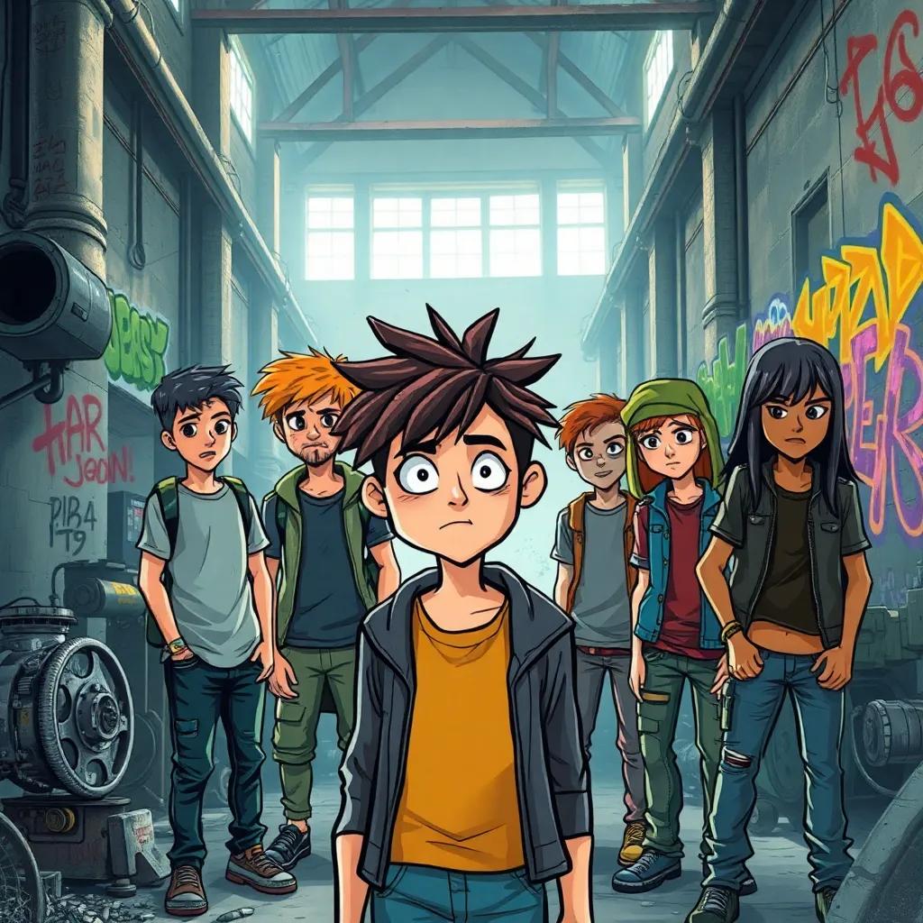 A group of rebellious teens gathered in an old, abandoned factory with dusty machinery around, one boy has messy hair and a worried expression, bright graffiti on the walls, illustration, vibrant colors, energetic atmosphere, high quality
