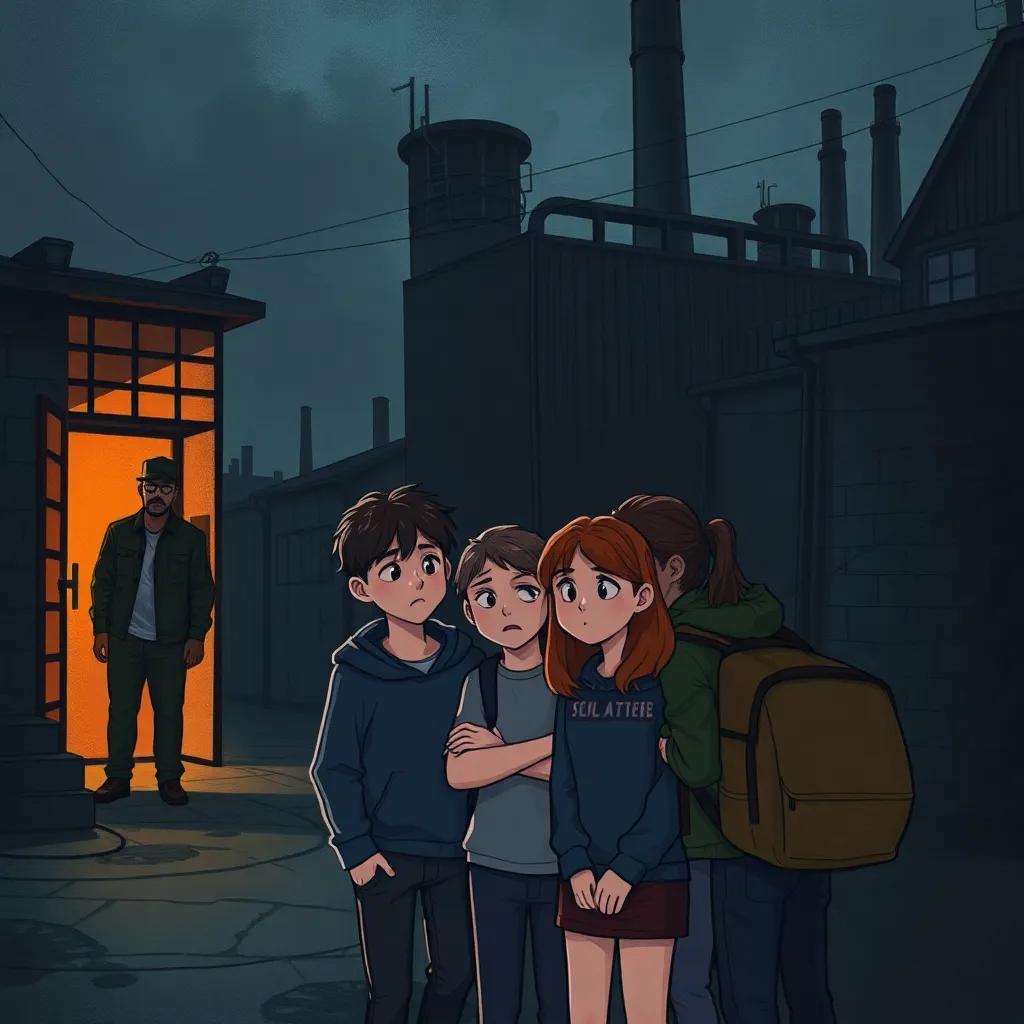 A tense moment outside the factory with government agents lurking in the shadows, teenagers looking scared as they huddle together, anxious expressions, dimly lit setting, digital art, dark colors, mysterious ambiance, high quality