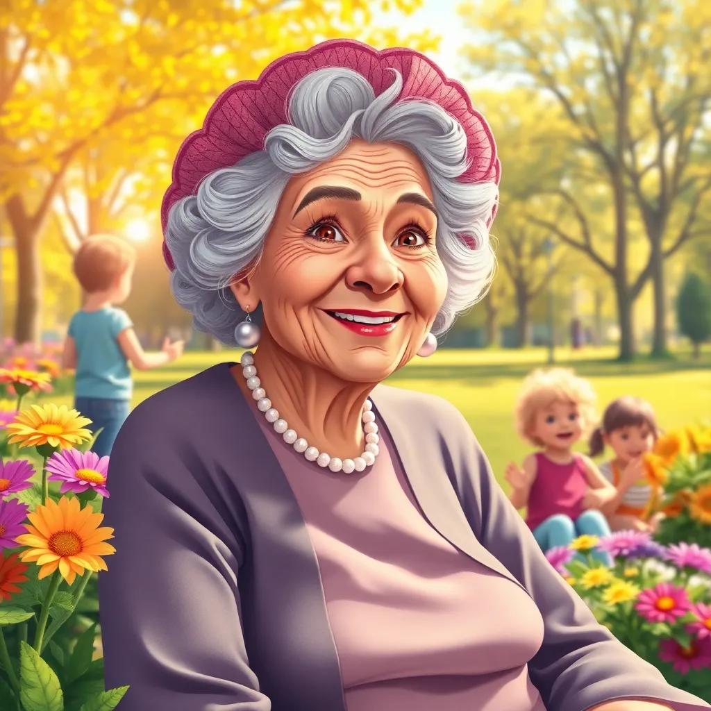 A wise old woman, Miss Clara, smiling with sparkling eyes, sitting in a sunny park, colorful flowers around her, children playing in the background, warm sunlight, cheerful atmosphere, digital illustration, high quality