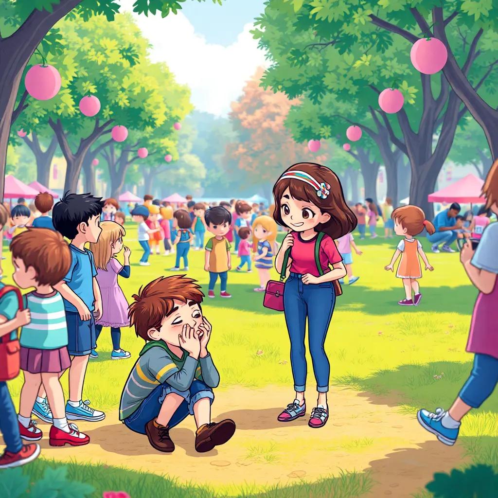 A lively park full of children, one boy crying on the ground, Miss Clara encourages young Leo to look again, vibrant colors, lively scene, cheerful and engaging, digital art, inviting