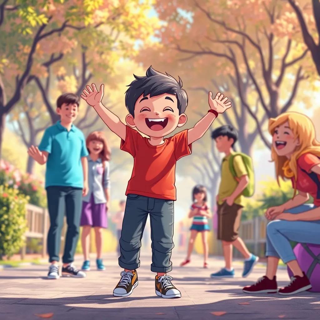 A boy standing up with a big smile, joining friends after falling, in a bright park filled with laughter, joyful atmosphere, bright colors, detailed illustration, uplifting perspective
