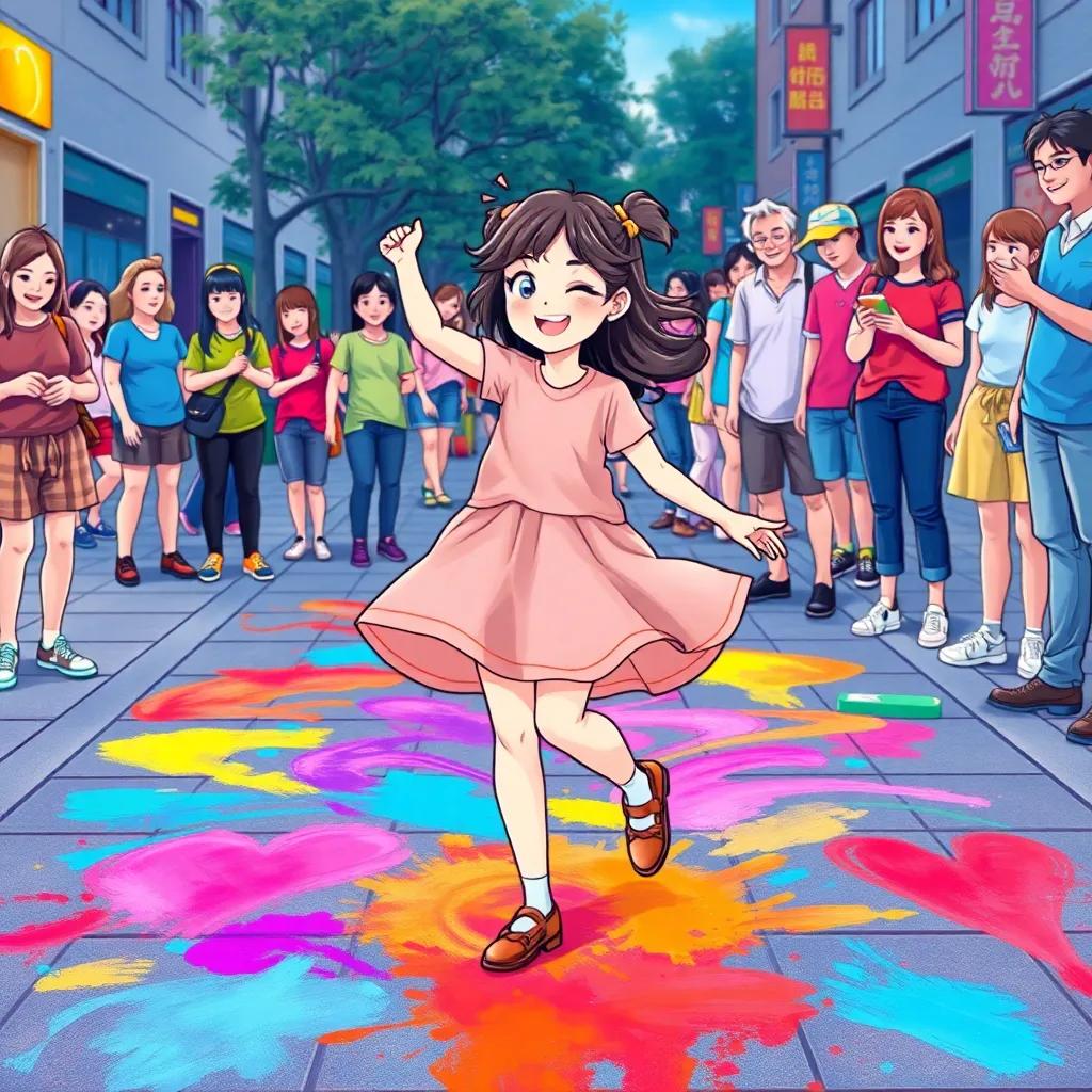 A girl, Mia, creating colorful chalk art on the pavement, twirling joyously, surrounded by amazed onlookers, vivid colors, smiles, cheerful and colorful scene, illustration, high quality