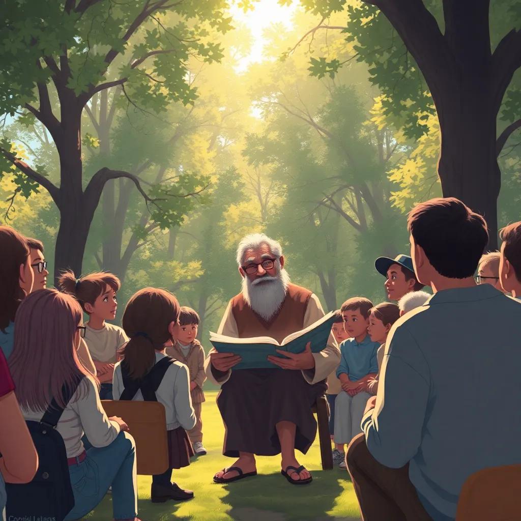 An elder sharing stories with a curious crowd of listeners in a park, sunlight filtering through trees, warm and inviting atmosphere, detailed illustration, storytelling vibe, engaging scene