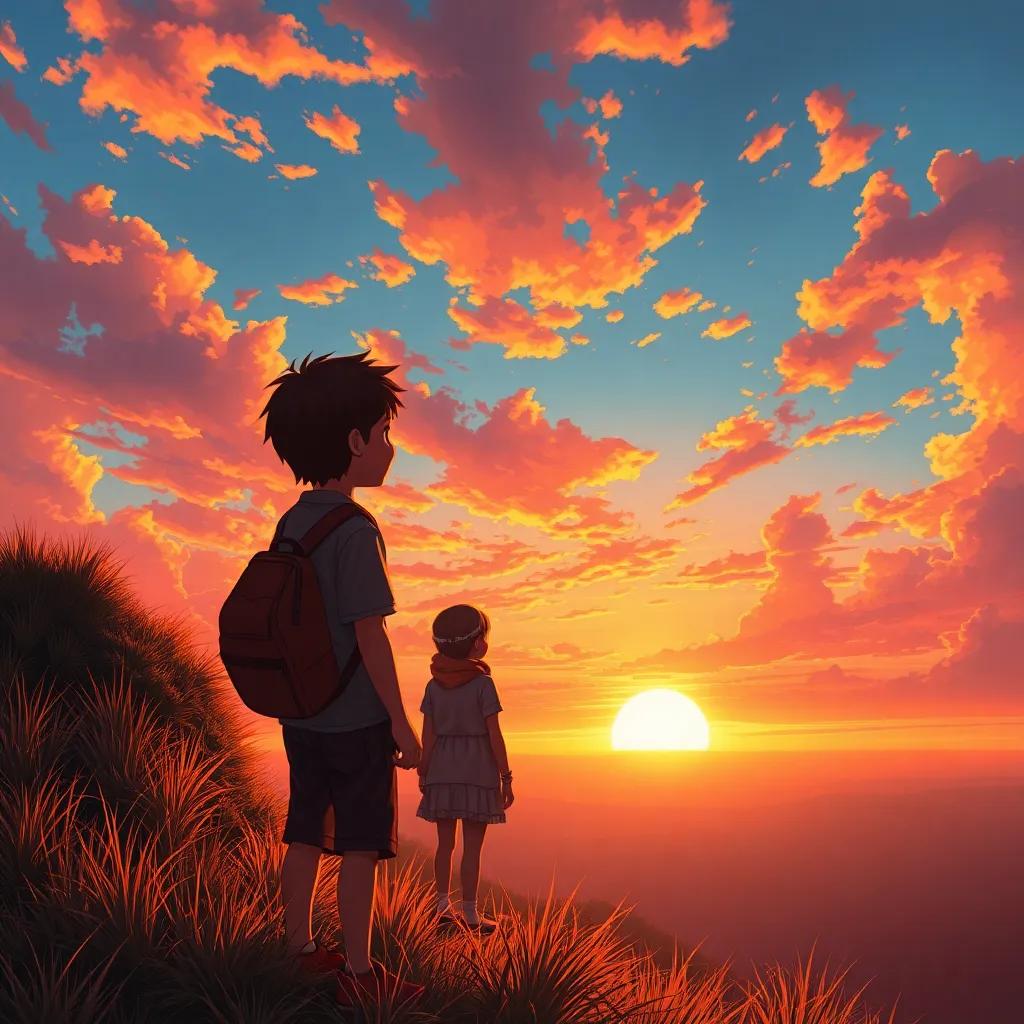 A beautiful sunset viewed from a hilltop, young Leo admiring the vibrant sky, golden hues illuminating him and Miss Clara, breathtaking scene, warm colors, serene atmosphere, digital painting, high quality