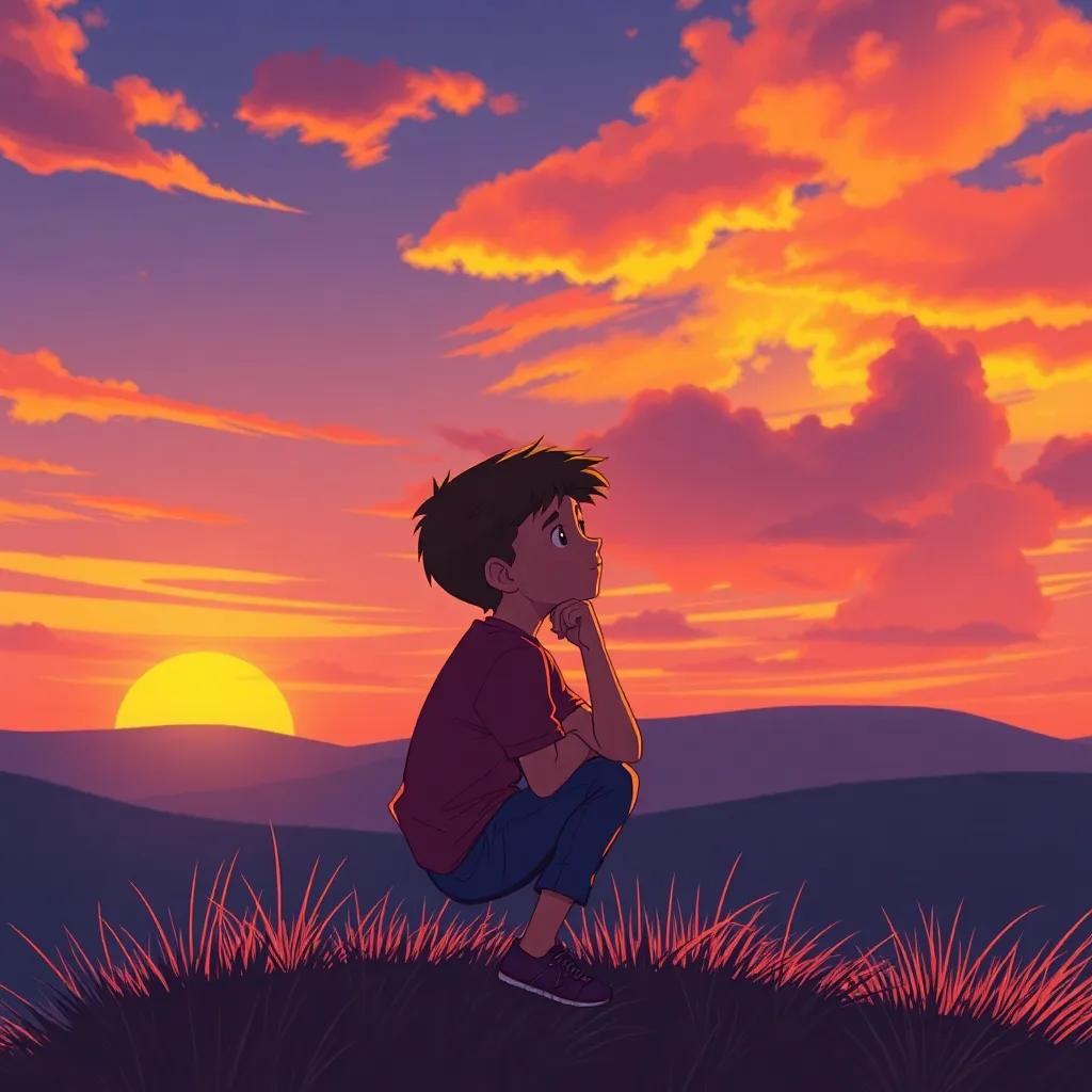 A thoughtful young boy, Leo, realizing the power of perspective on a sunset hill, peaceful expression, surrounded by glorious colors of twilight, illustrative art, warm and inviting