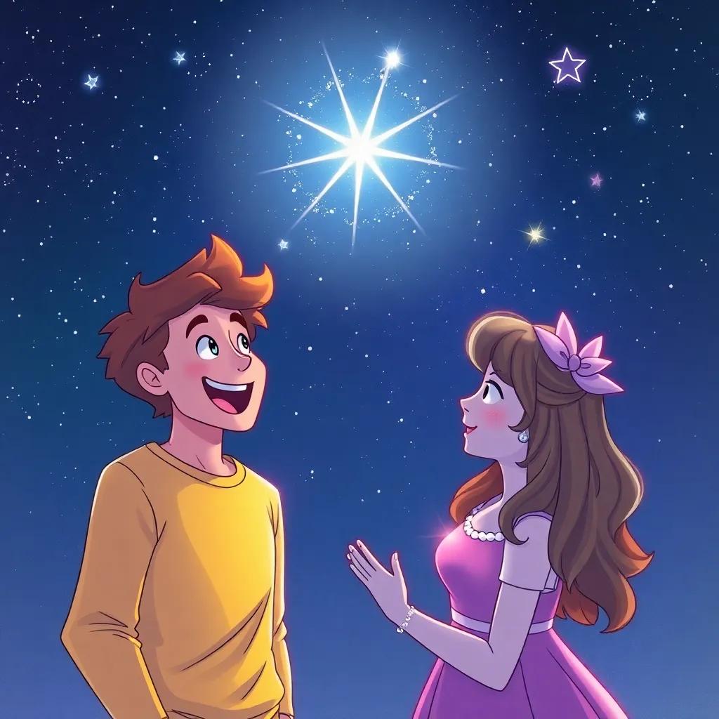 A happy Leo excitedly talking to Miss Clara about shaping thoughts, under a twinkling starry sky, nighttime illustration, dreamy colorful scene, magical feel, high quality