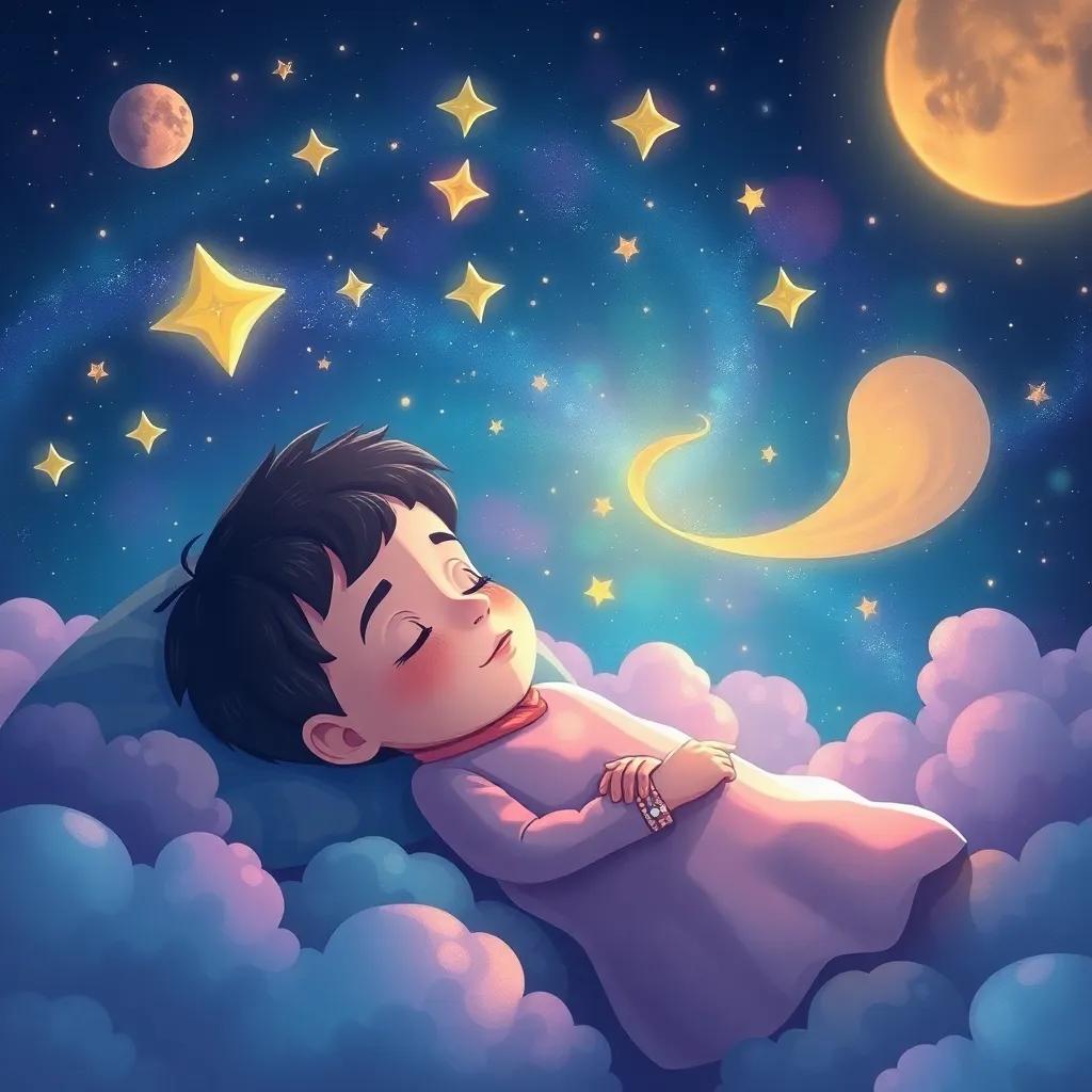 A young boy, Leo, dreaming peacefully at night, starry skies and open worlds swirling around him, whimsical and vibrant, enchanting illustration, child-friendly, high quality