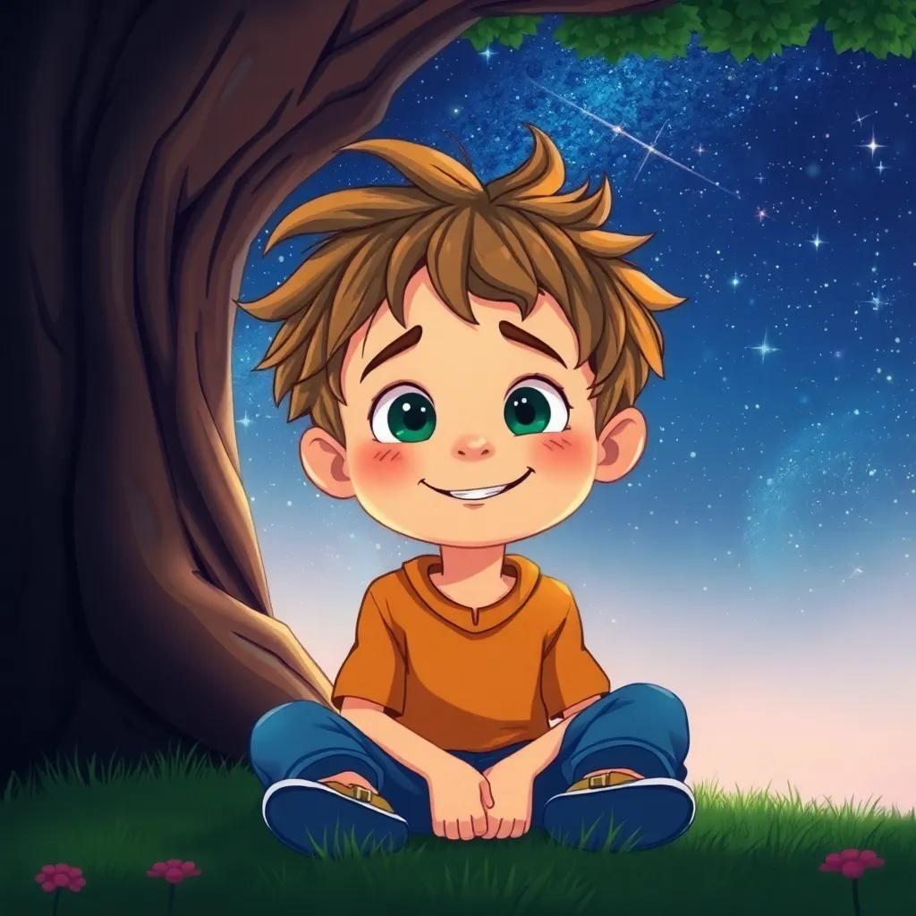 A curious boy named U, with messy hair and a bright smile, sitting against a large tree under a starry sky, digital art, vibrant colors, magical atmosphere, high quality