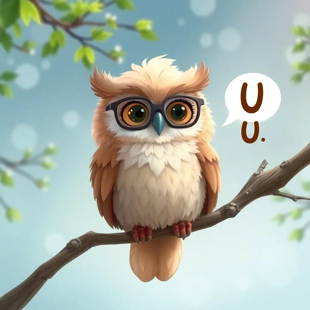 A wise old owl named Orin, with glasses and feathered body like soft pillows, perched on a branch, explaining something important to U, enchanting background, whimsical illustration, child-friendly, high quality