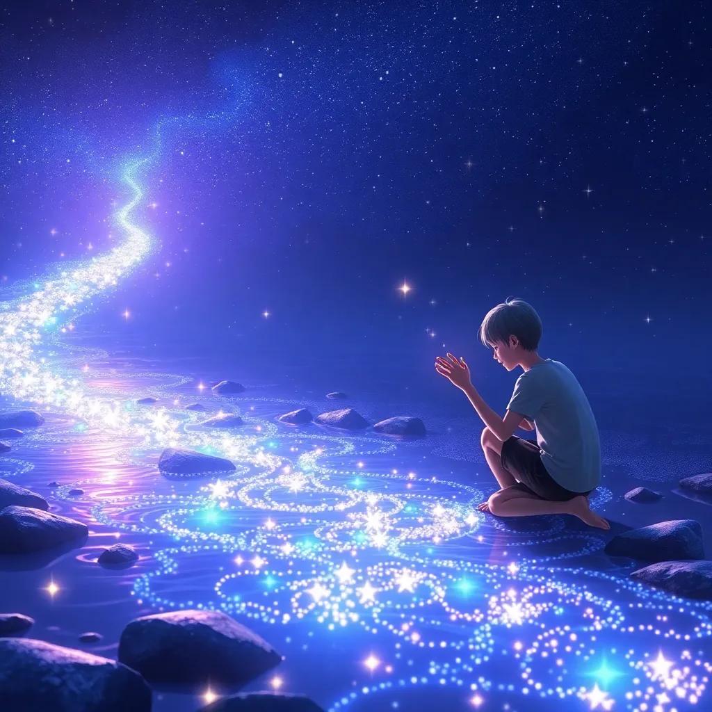 A shimmering river made of stars flowing gently, with U kneeling beside it, fingers dipped in the glowing water, stars sparkling and whispering around him, bright and magical scene, digital art, high quality