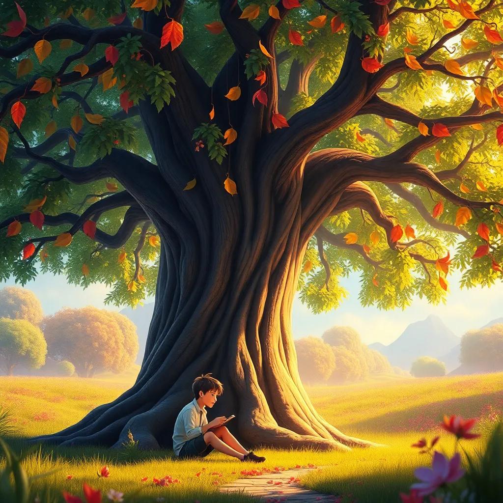 A giant colorful tree with dancing leaves telling stories, inside a magical land, U sitting beneath it, listening closely with wonder on his face, fantasy style, vibrant colors, warm light, high quality