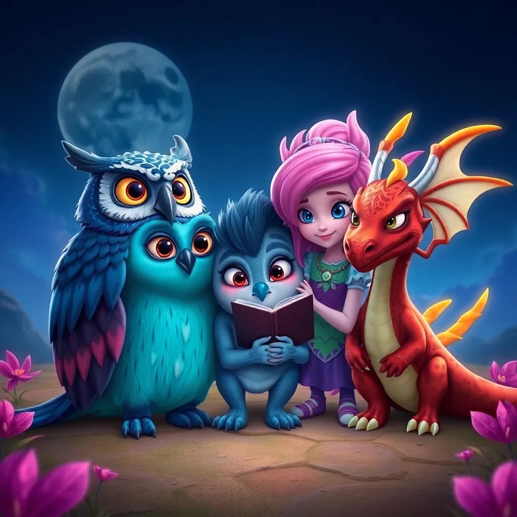 U and his friends, Orin the owl, Lyra the playful fairy, and Ember the gentle dragon, huddled together creating a plan to outsmart Shadow Mischiefs, determined expressions, magical landscape, digital art, high quality