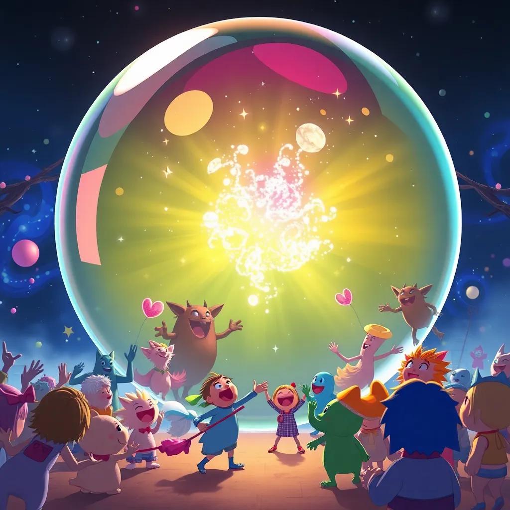 A giant bubble of light and laughter trapping the Shadow Mischiefs, colorful creatures cheering on U and his friends, festive atmosphere, joyful illustration, vibrant colors, high quality